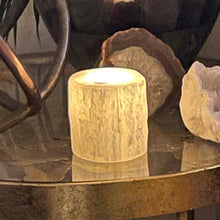 Load image into Gallery viewer, "WELCOME LOVE" SELENITE TEALIGHT CANDEL HOLDER, SMALL, INTERIOR - The Stone of Purity & Protection