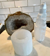 Load image into Gallery viewer, "WELCOME LOVE" SELENITE TEALIGHT CANDEL HOLDER, SMALL, INTERIOR - The Stone of Purity & Protection